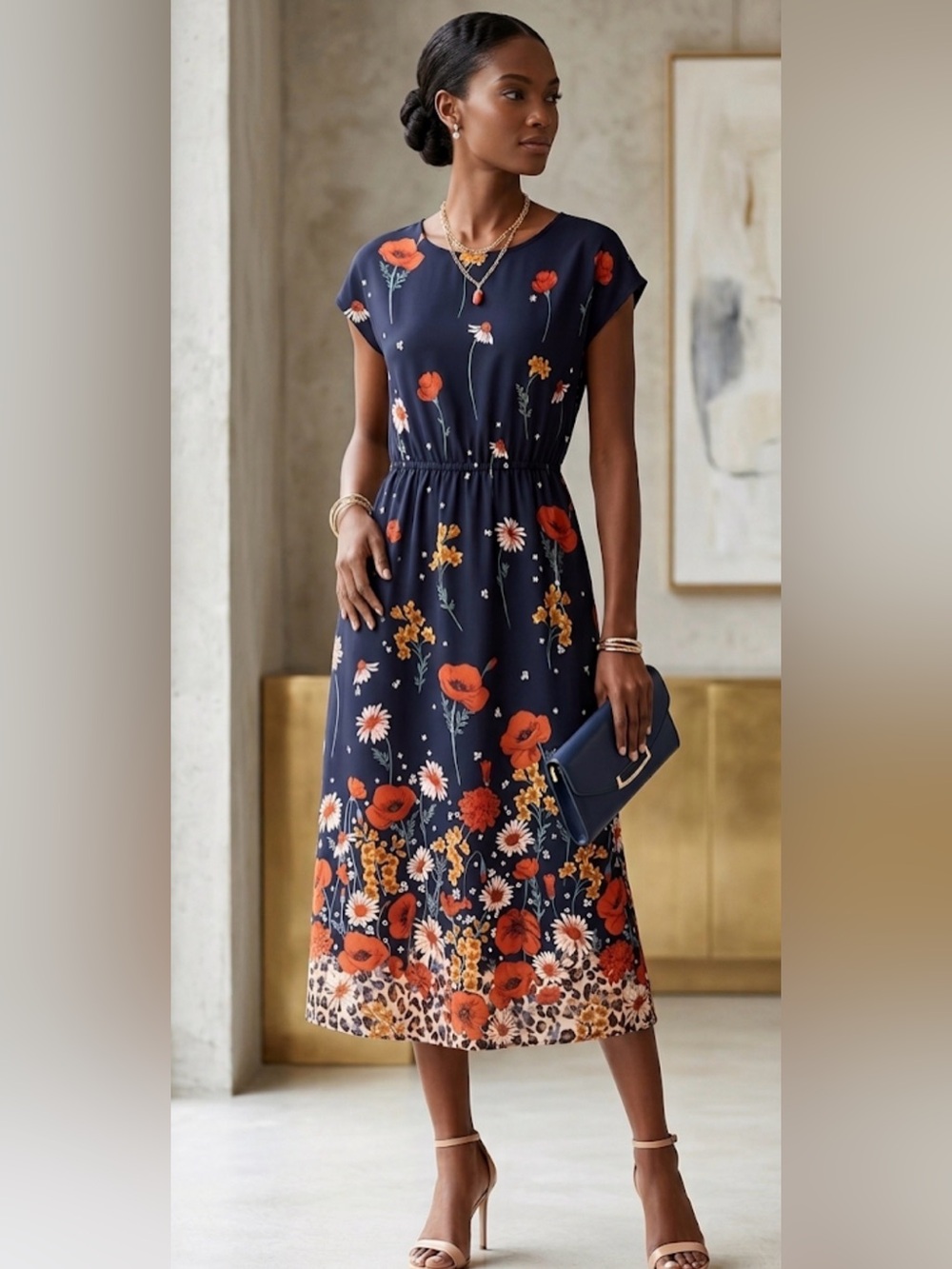 Emily Rose Floral Navy Midi Dress with Orange Poppy Print